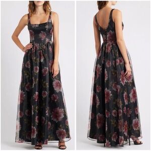 Lulus Elegant Maelyn Floral Organza Lace-Up Corset Maxi Cocktail Dress M NWT
